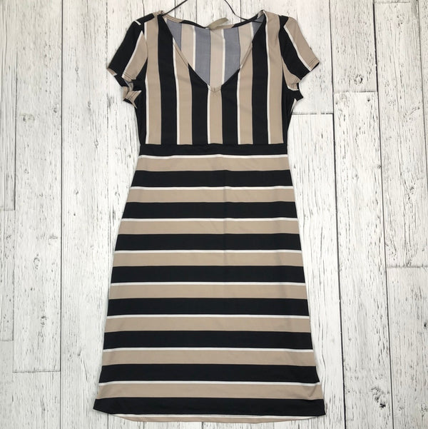 Thyme maternity tan black striped dress - Hers XS