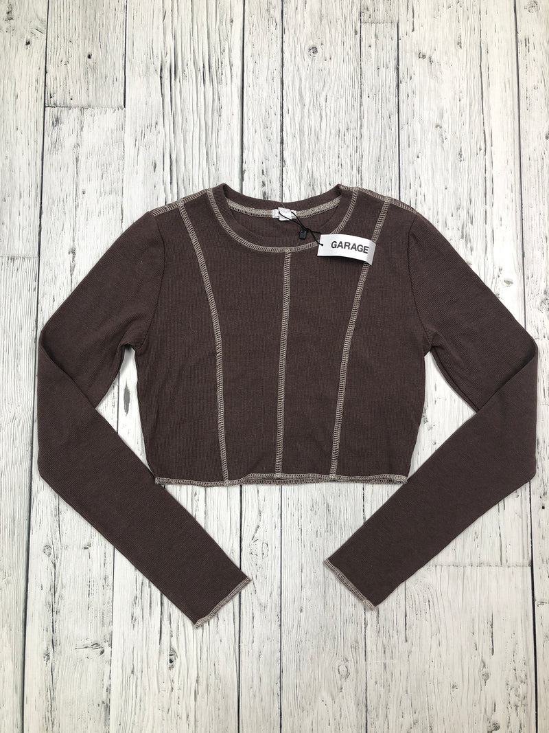 Garage Brown White Stitched Cropped Long Sleeve Shirt - Hers M