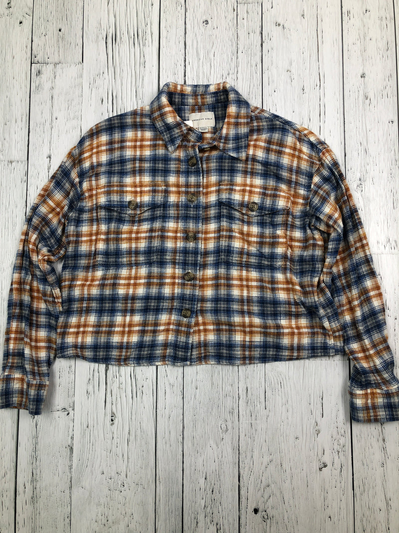 American Eagle blue orange plaid cropped flannel - Hers XS