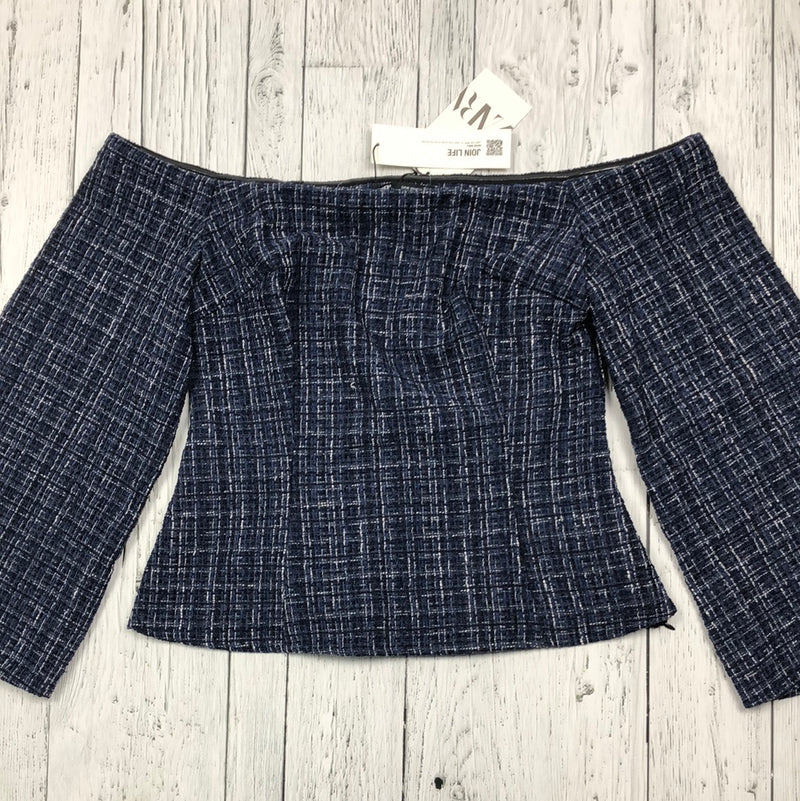 Zara navy/black plaid over the shoulder top - Hers M