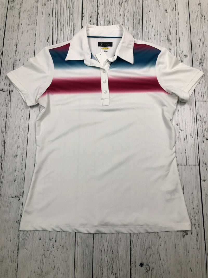 Greg Norman white pink blue patterned golf shirt - Hers S