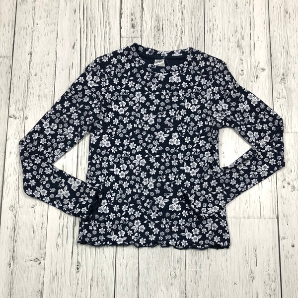 Anko Navy Blue/White Floral Lettuce Hem Long Sleeve Shirt - Girls 10