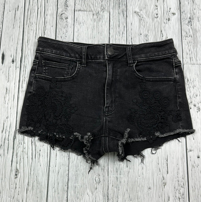 American Eagle Black Distressed Jean Shorts with Lace Patches - Hers M/8