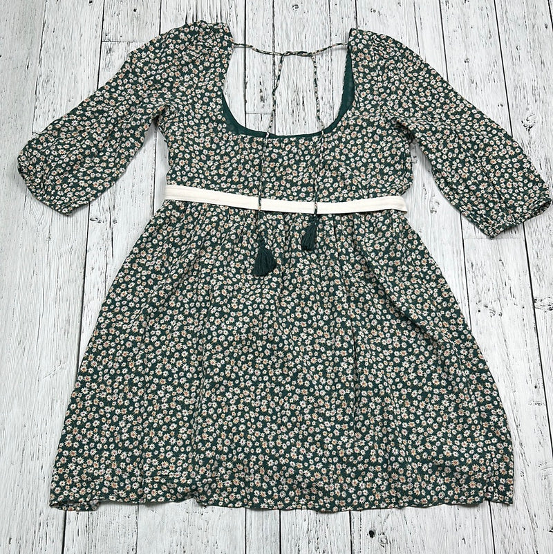 American Eagle Emerald Green Floral Puff Sleeve Dress with Belt - Hers M