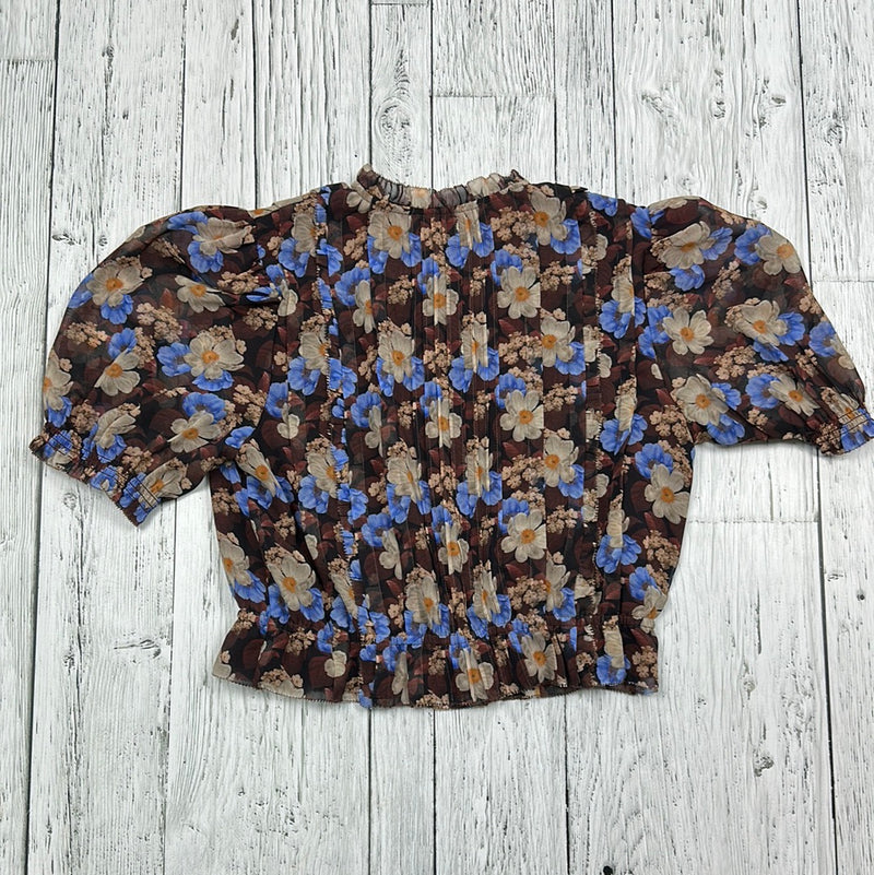 Wilfred Aritzia Brown/Blue Floral Puff Sleeve Cropped Blouse - Hers XS